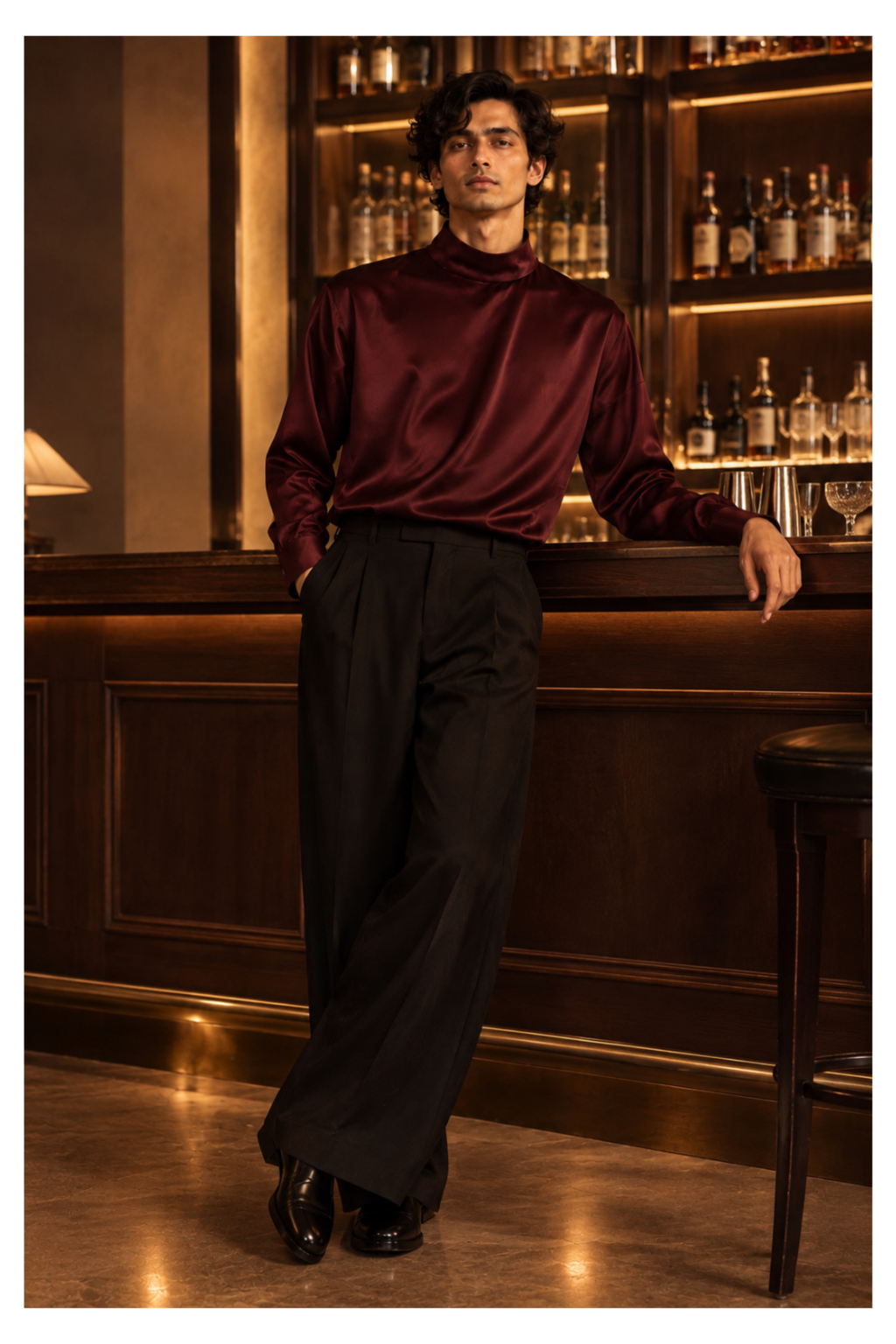 Plum Nocturne Silk Satin Shirt styled for an evening out
